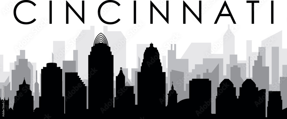 Black cityscape skyline panorama with gray misty city buildings background of CINCINNATI, USA