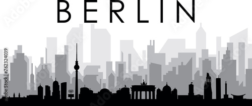 Black cityscape skyline panorama with gray misty city buildings background of BERLIN  GERMANY