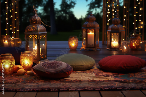 Lanterns and cushions in the garden at night, 3d illustration