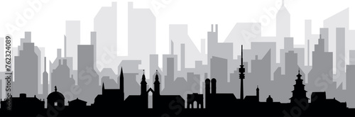 Black cityscape skyline panorama with gray misty city buildings background of MUNICH, GERMANY