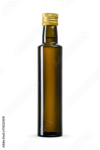 Olive oil small green glass bottle with a gold screw cap isolated. Transparent PNG image.