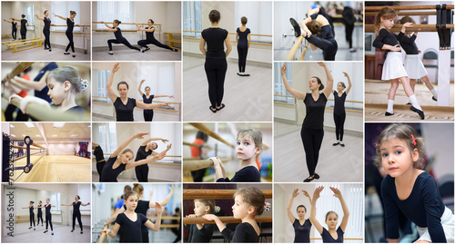 Girls and women stretch in ballet class, collage with two models photo