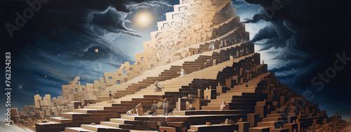 Surreal painting of a giant stepped pyramid with people on it reaching towards the light photo