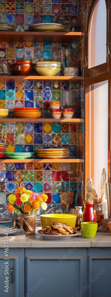vibrant kitchen scene featuring colorful mexican talavera tiles, pottery, and flowers vibrant kitchen scene featuring colorful mexican talavera tiles, pottery, and flowers