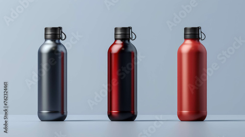 Three Blank 3D Sport Bottles Mockup In Steel With A Gray Background. Thermo Mock Up Templates For Fitness