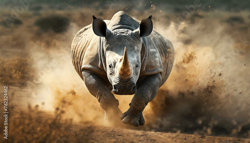 Action shot of a beautiful large white or grey rhino as he runs quickly through the savannah, raising the dust on the ground. Generative Ai.