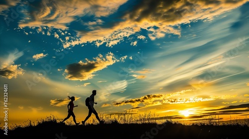 Silhouetted couple running at sunset in the countryside