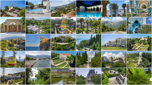 Collage with with sunny summer view of Crimea resort - Swallow Nest Castle, Vorontsov Palace, gardens