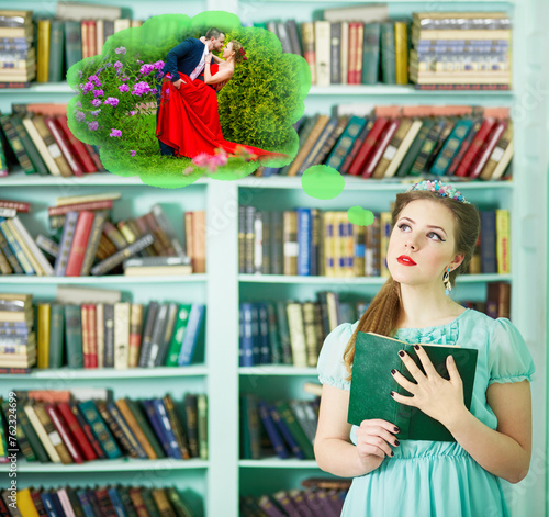 Young woman in library holds book and dreams about love, collage