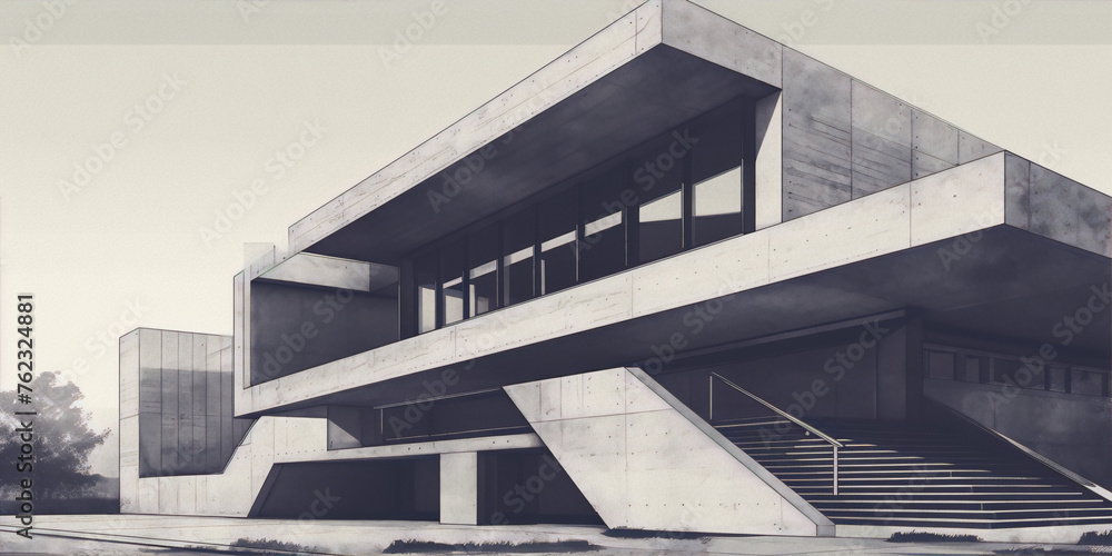 Obraz premium Black and white architectural sketch of a modern building with geometric shapes and lines