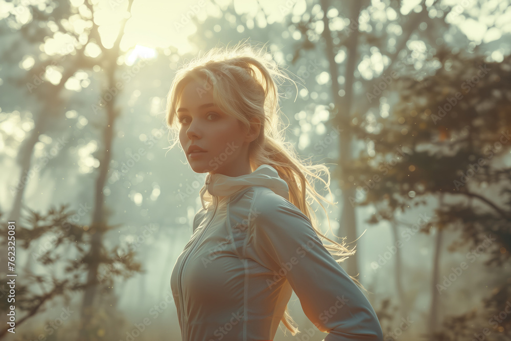 Beautiful young woman running in a misty forest at sunrise. Beautiful young woman running in a misty forest at sunrise.