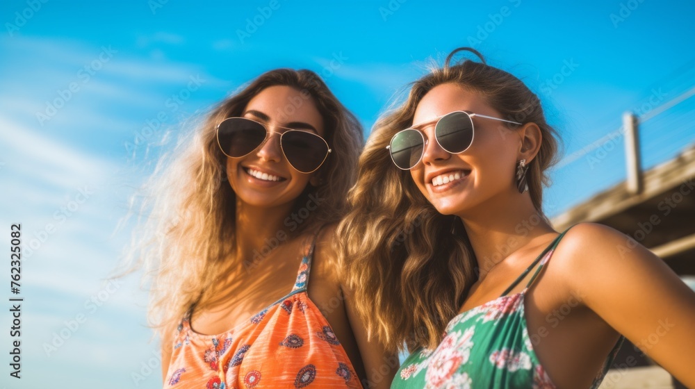 Happy young women, Carefree girlfriends in sunglasses and swimsuits are having fun and enjoying their summer holidays on the beach against the blue sky. Travel, Vacations, Tourism, Lifestyle concepts. Happy young women, Carefree girlfriends in sunglasses and swimsuits are having fun and enjoying their summer holidays on the beach against the blue sky. Travel, Vacations, Tourism, Lifestyle concepts.