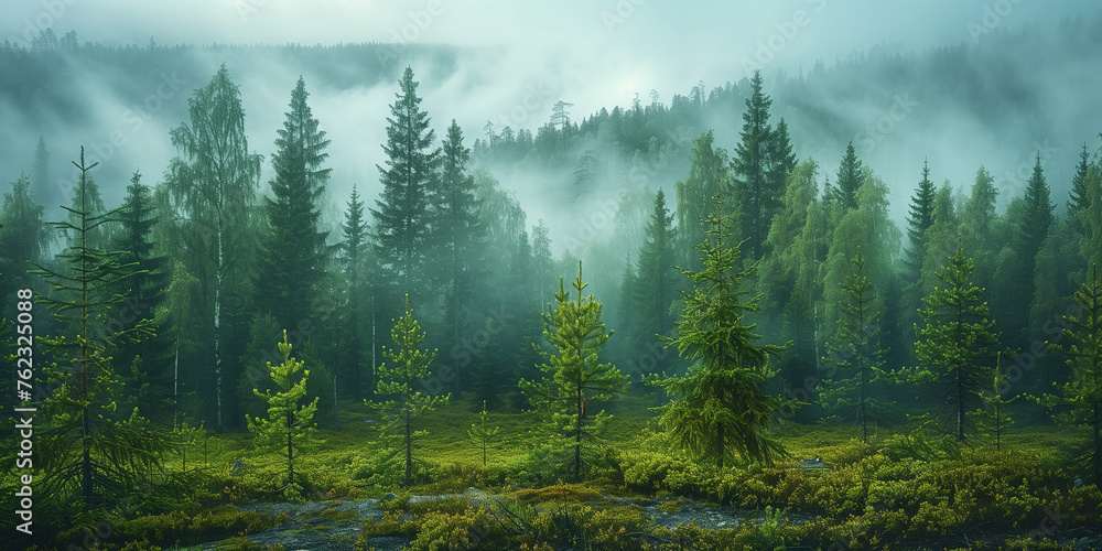 Foggy morning in mountain coniferous forest. Panorama. - obrazy, fototapety, plakaty 