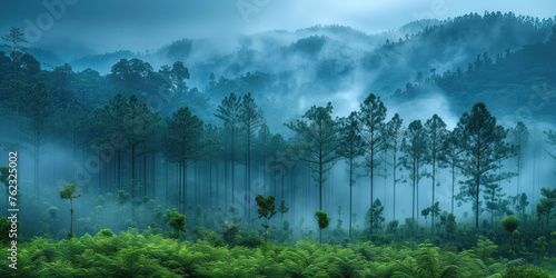 overgrown felling in foggy mountain forest in the morning, beautiful nature scenery.