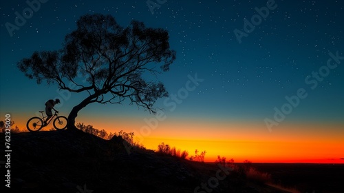 Silhouetted cyclist under a starry sky at twilight