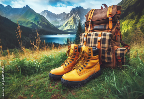 Yellow and brown travel boots together with a tourist backpack against the background of a mountain peak and the sky
