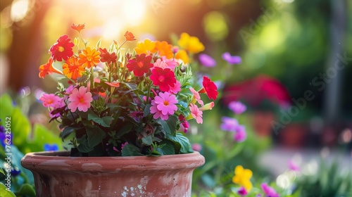 Colorful flowers in a terracotta pot at golden hour