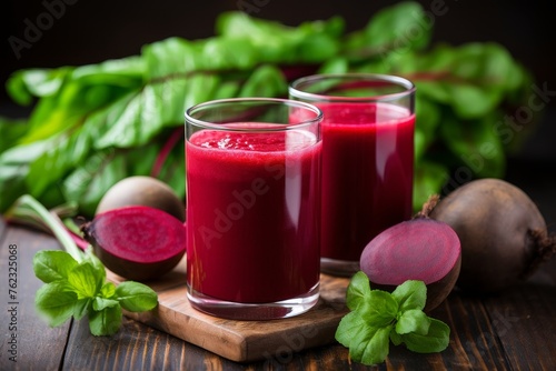 Fresh beet juice in glass on rustic wooden background, perfect for a healthy lifestyle