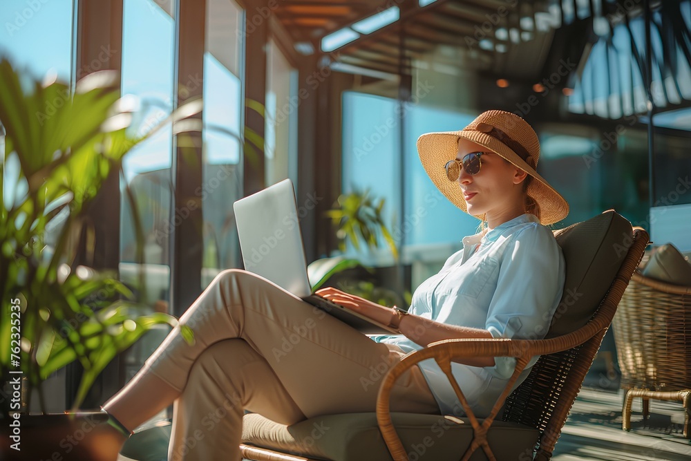 a professional business woman working on a laptop while sitting in a comfortable chair on a office terrace with modern architecture in the sunlight. generative AI a professional business woman working on a laptop while sitting in a comfortable chair on a office terrace with modern architecture in the sunlight. generative AI