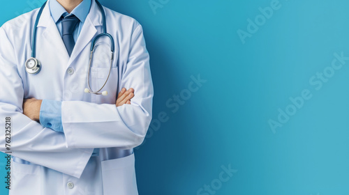 Professional doctor in a white coat with a stethoscope, arms crossed, on a blue background. Healthcare and medical confidence concept with copy space
