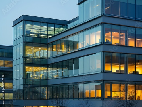 Corner view of a contemporary office building with illuminated interiors at twilight.