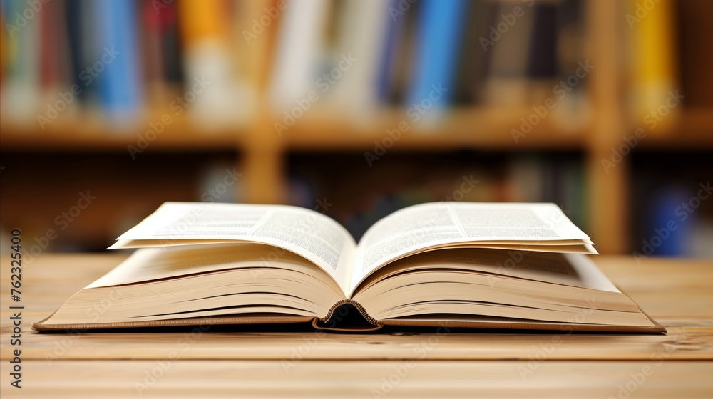 Open book on a wooden table with blurred library background Open book on a wooden table with blurred library background