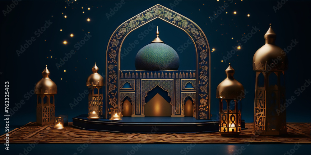 Fototapeta premium 3D rendering of a blue and gold mosque with intricate patterns and glowing lanterns.