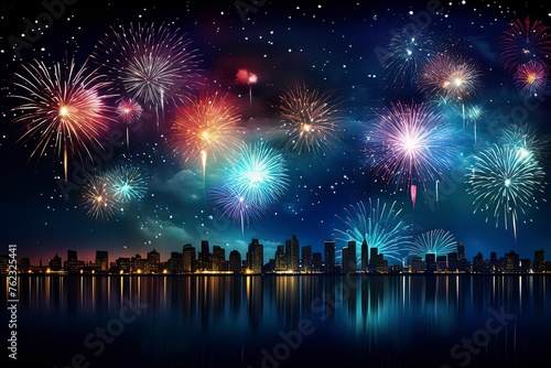 Fireworks blooming over the city at night. AI technology generat