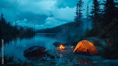 Peaceful camping under starry sky by tranquil lake