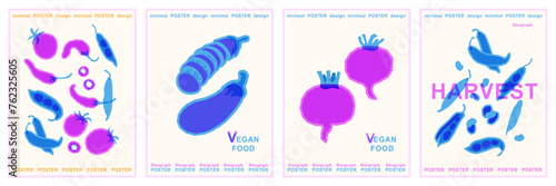 Tomatoes, beans, chili peppers, eggplant and beets. Set of vector illustrations in risograph print style. Bright posters for vegan and healthy food concept.