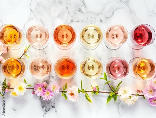 An elegant array of different shades of rose wine in glasses, accompanied by delicate spring flowers on a marble background.