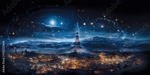 Fantasy illustration of a city with a glowing tower at night