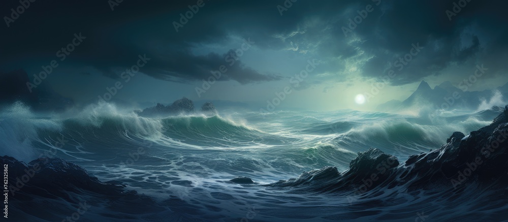 A painting of a nighttime storm at sea, with turbulent clouds, crashing waves, and a dramatic sky showcasing an astronomical object on the horizon