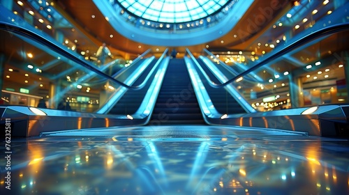 Modern shopping mall interior with futuristic escalators