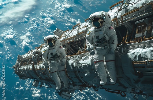Astronauts in Space Overlooking Earth, Showcasing Abrasive Authenticity and Precisionism with Dynamic Composition photo