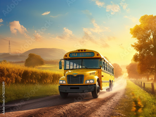 Sunrise sets the sky ablaze as a school bus departs, its yellow frame aglow with hope, ferrying dreams into the dawn photo