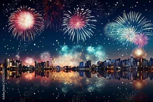 Fireworks blooming over the city at night. AI technology generat