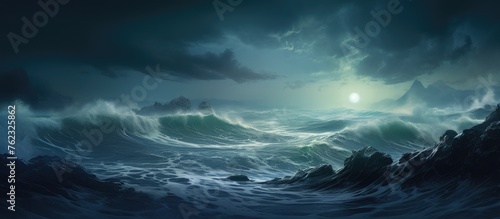 A painting of a nighttime storm at sea, with turbulent clouds, crashing waves, and a dramatic sky showcasing an astronomical object on the horizon