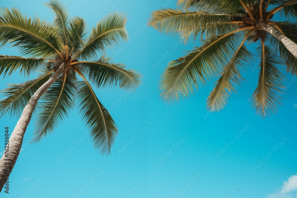 closeup palm trees on blue sky background view from below closeup palm trees on blue sky background view from below