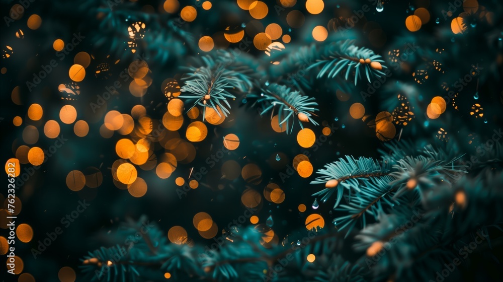 Ethereal pine branches with sparkling lights and bokeh effect Ethereal pine branches with sparkling lights and bokeh effect