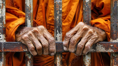 Close-up hands of mature male prisoner wearing bright orange robe photo