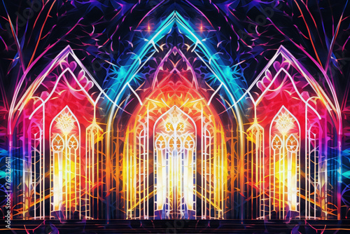 Stained glass church windows, bright colors, glowing light rays, symmetrical, intricate, delicate, ornate, Gothic architecture.