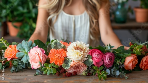 Crafting a vibrant flower crown in a creative workshop photo