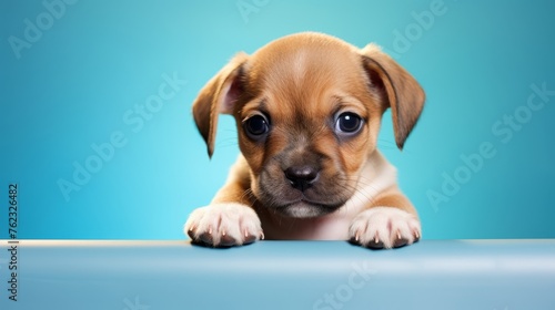 Adorable puppy on the examination table at the veterinarian, pet checkup, blue background, banner © Anzhela