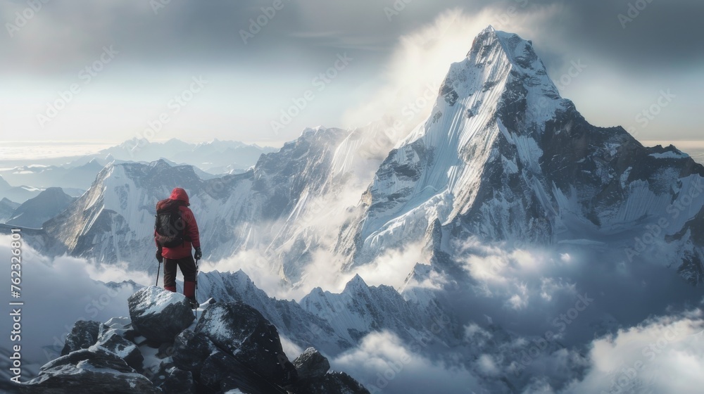The summit of Mount Everest, covered in snow, stands as the loftiest peak on Earth. Lone climber The summit of Mount Everest, covered in snow, stands as the loftiest peak on Earth. Lone climber