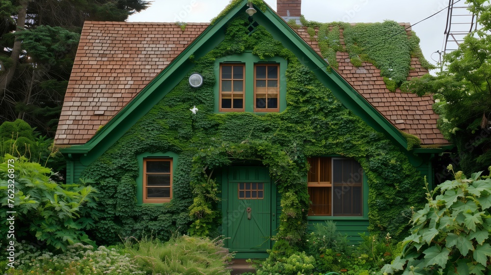 Green ivy-covered house with eco-friendly living concept