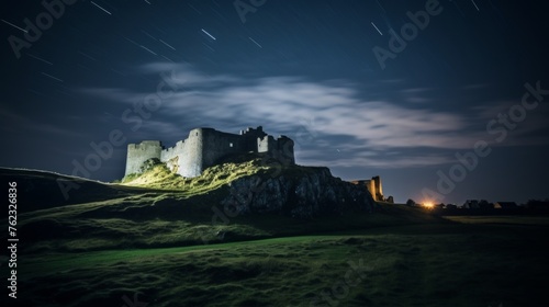 Enchanting ancient castle in misty hills under starry night sky, magical fairytale concept, banner