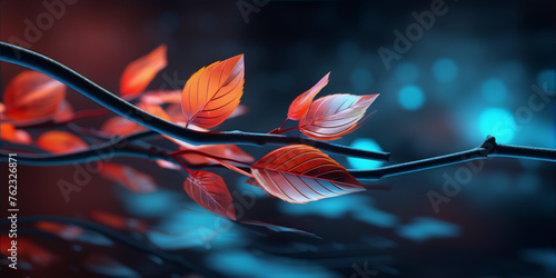 3D illustration of red leaves on a branch with a blurred blue background.