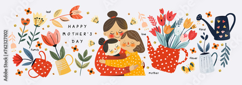 Happy Mother's Day. Vector cute illustrations of mother, grandmother and daughter hugging, watering can with tulip flowers, leaf for greeting card, poster or background © Ardea-studio
