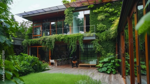 Modern eco-friendly house with lush greenery and living walls